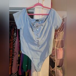 iris Light Blue Button-Front Scoop Neck Bodysuit